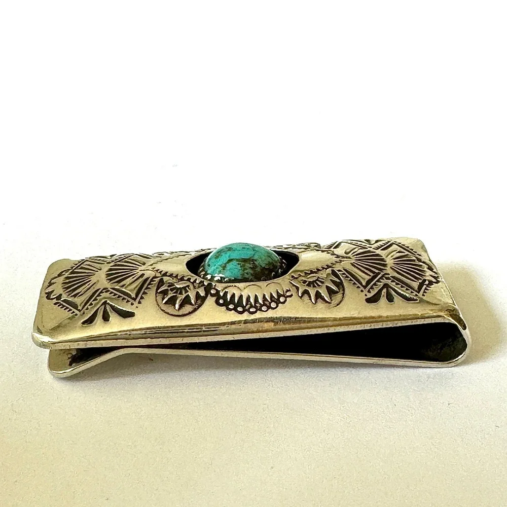 Navajo Turquoise Money Clip Sterling Mens Gift Handmade Skeets Shadowbox Stamped